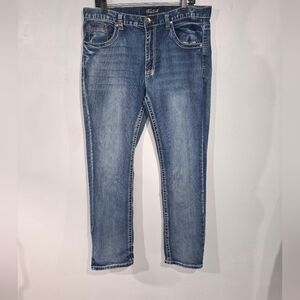 True Luck Straight Leg Jeans Dark Wash Denim Men's Size 36x32 Thick Stitch